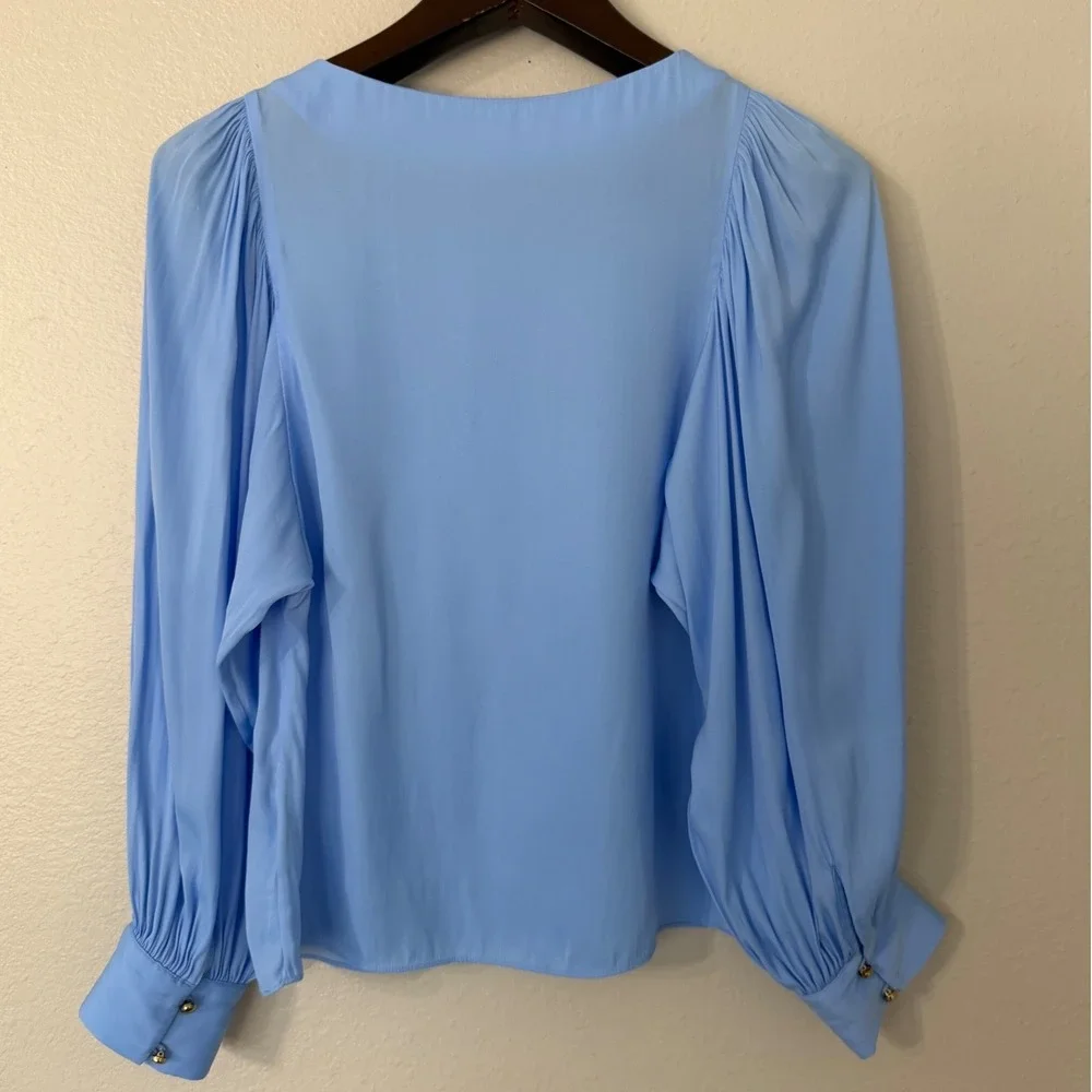 Lilly Pulitzer Maisel Top XS Light Blue Puff Sleeve Blouse Gold Button 001635